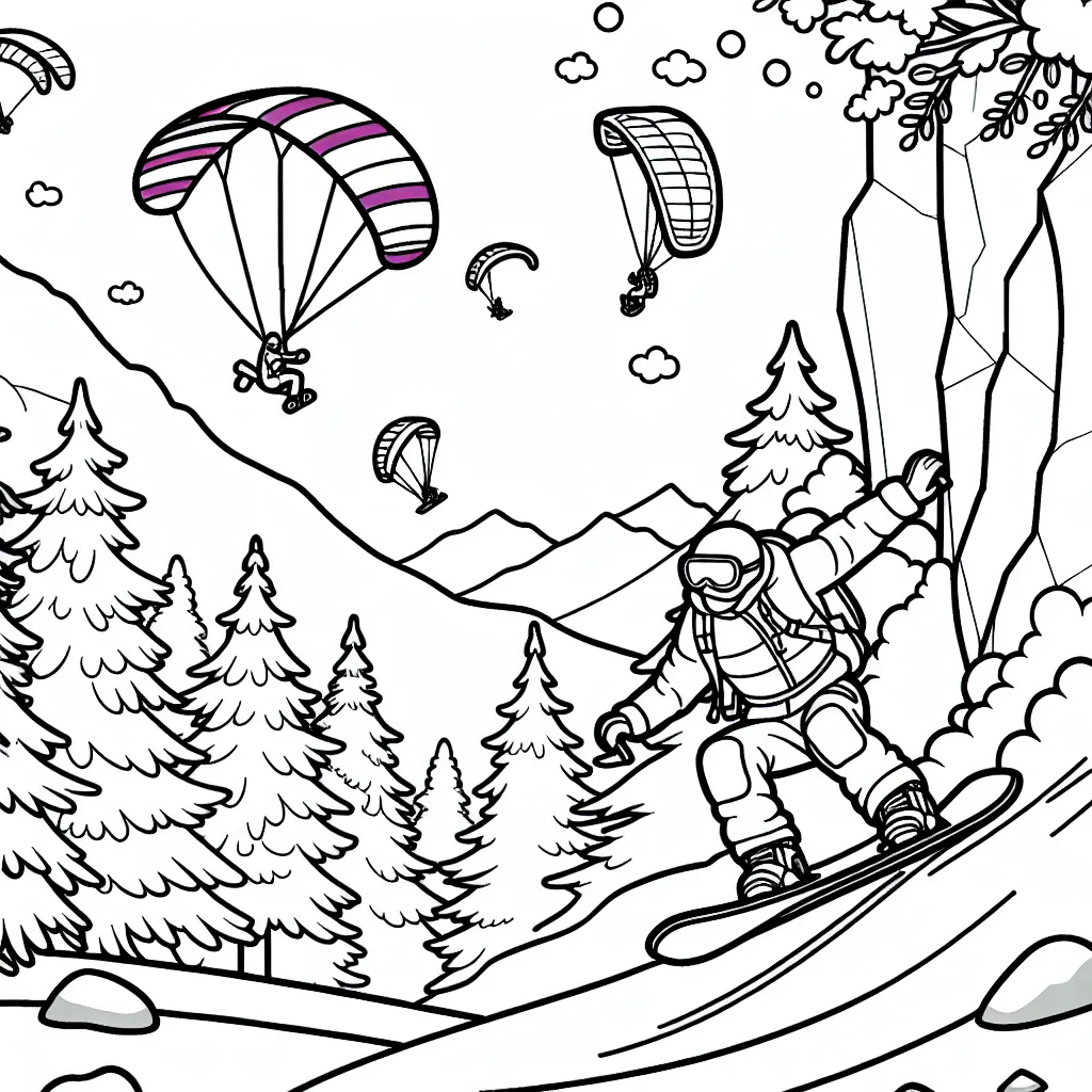 Nous voyons une scène d'un sportif en tenue de protection dévalant une montagne enneigée sur sa planche de snowboard. Il y a des arbres et des rochers tout autour, et dans le ciel, des parapentes colorés. Sur le côté, un grimpeur s'agrippe à la paroi d'une falaise.