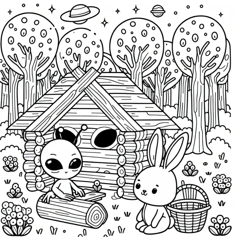Imagine une scène dans laquelle un petit extraterrestre sympathique est en train d'aider un lapin à construire une cabane en bois dans une forêt enchantée.