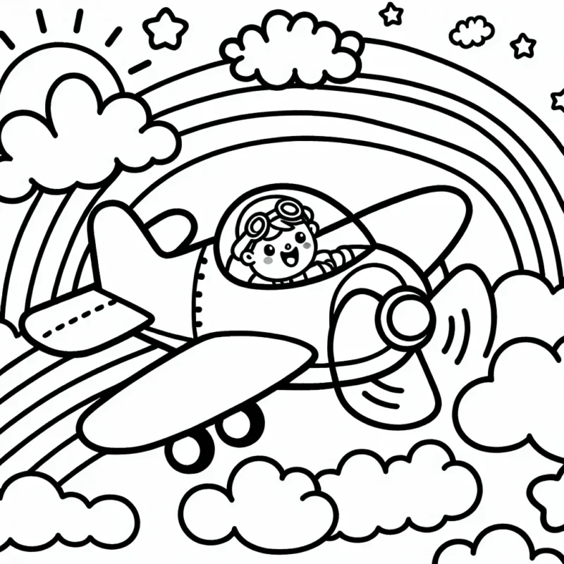 Imagine un avion volant parmi les nuages, avec un pilote souriant à travers le cockpit. L'avion traverse un arc-en-ciel coloré dans le ciel bleu.