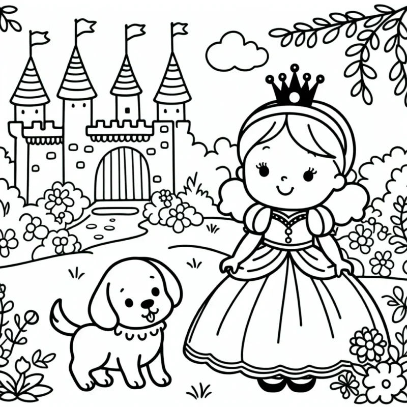 Une princesse jouant avec son chiot dans un jardin de château