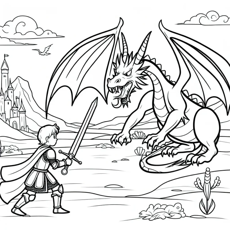 Un jeune chevalier courageux affronte un dragon féroce dans un royaume lointain.