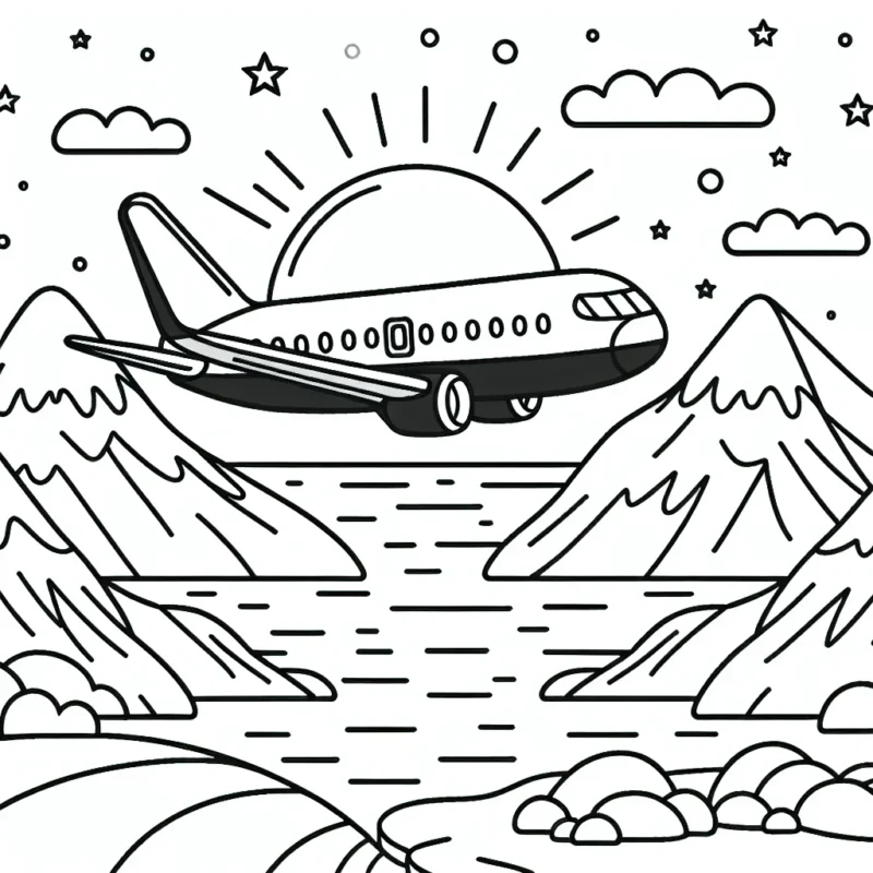 Dessine un avion de ligne survolant des montagnes enneigées et un océan avec un lever de soleil en arrière-plan.