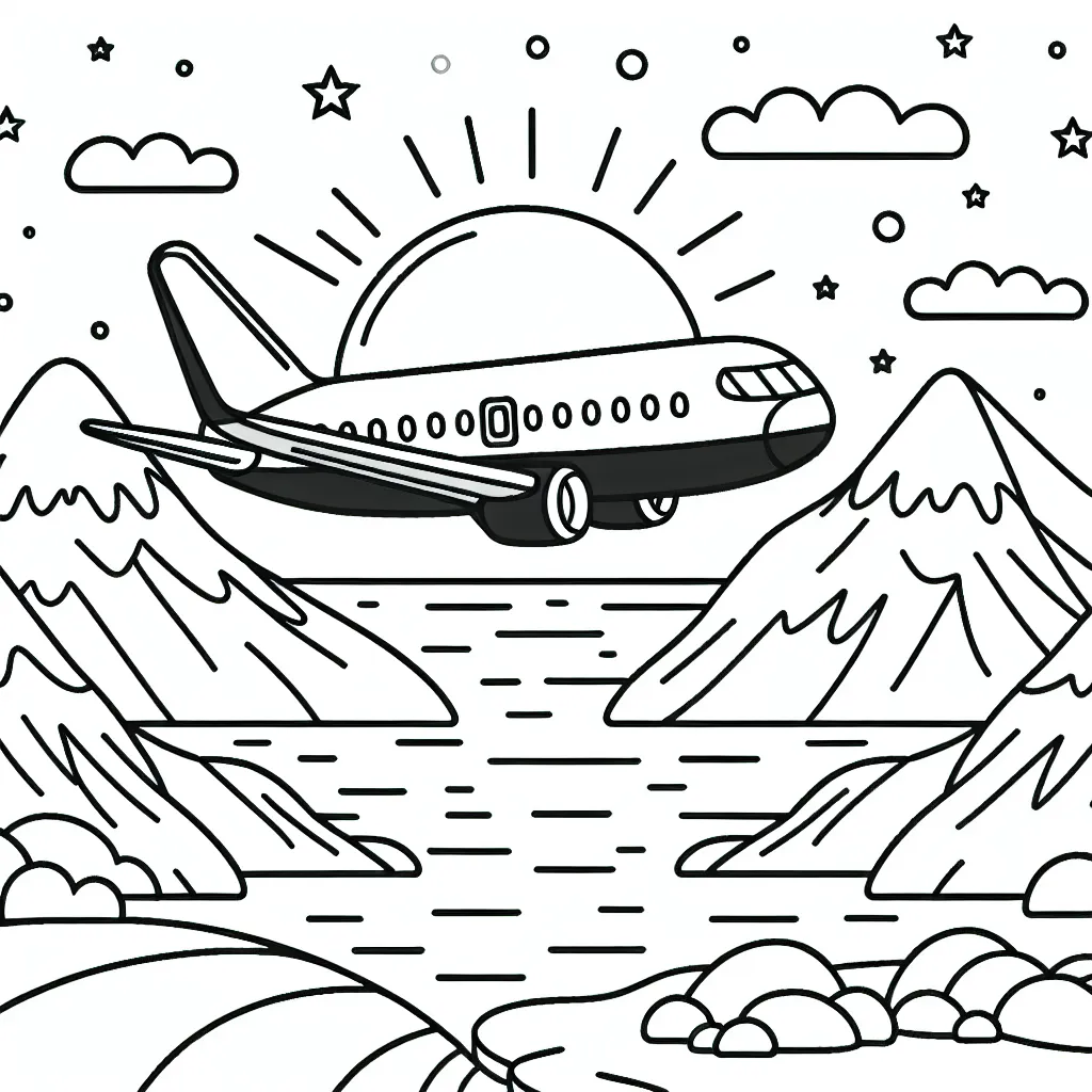 Dessine un avion de ligne survolant des montagnes enneigées et un océan avec un lever de soleil en arrière-plan.