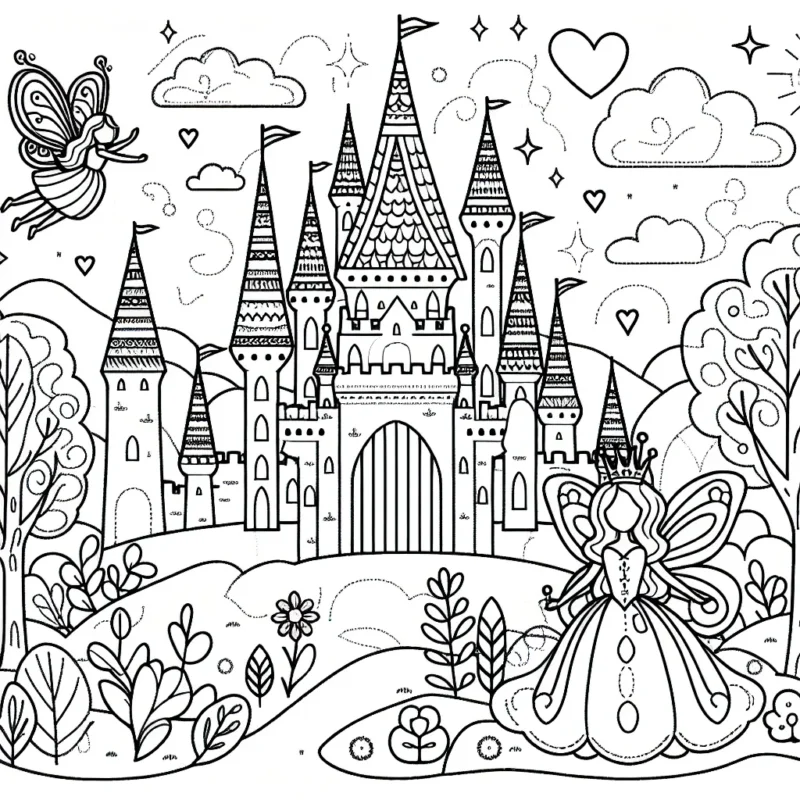Dessins à colorier d'un royaume de fées avec un château enchanté et une princesse