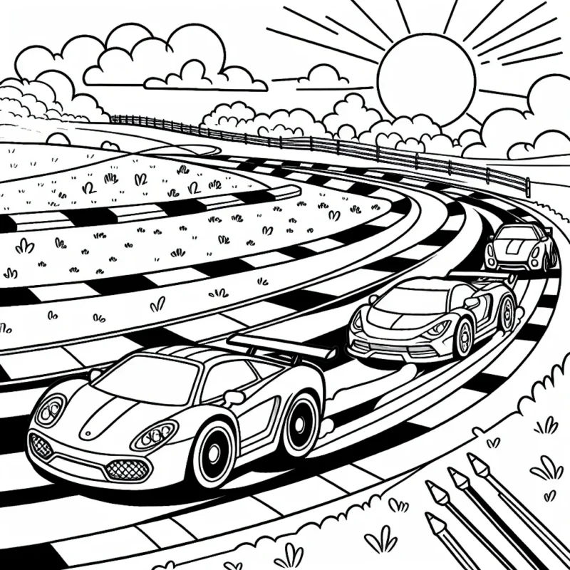 Imagine une scène de course de voitures animée sur une piste battue par le soleil. Tu pourras colorier les voitures avec de vives couleurs et la piste avec les nuances de ton choix.