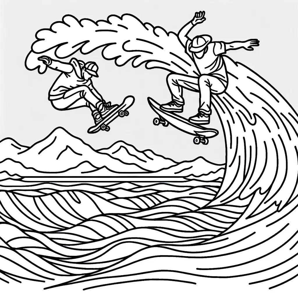 Un tableau captivant de sports extrêmes à colorier, illustrant un skateur professionnel bondissant dans les airs et un surfeur braver une énorme vague.