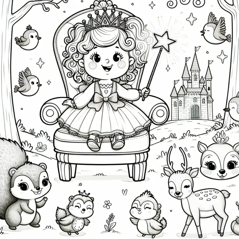 Une petite princesse aux cheveux bouclés est assise sur un trône brillant, entourée de ses animaux de la forêt préférés. Il y a un écureuil qui sautille, un hérisson rougissant, des oiseaux chantants et une biche élégante. Elle tient une baguette magique avec une étoile au bout. Le château féerique se trouve en arrière-plan.