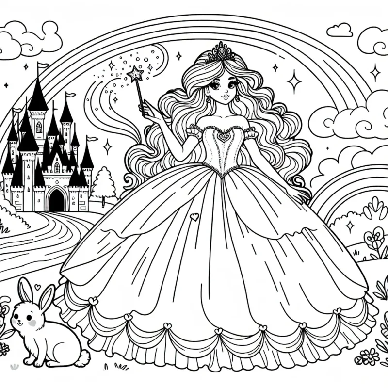 Sur une page de ton livre, il y a une belle princesse avec une jolie robe volumineuse, elle tient une baguette magique. Derrière elle, il y a un château enchanté et un arc-en-ciel. Il y a aussi un petit lapin à ses pieds.