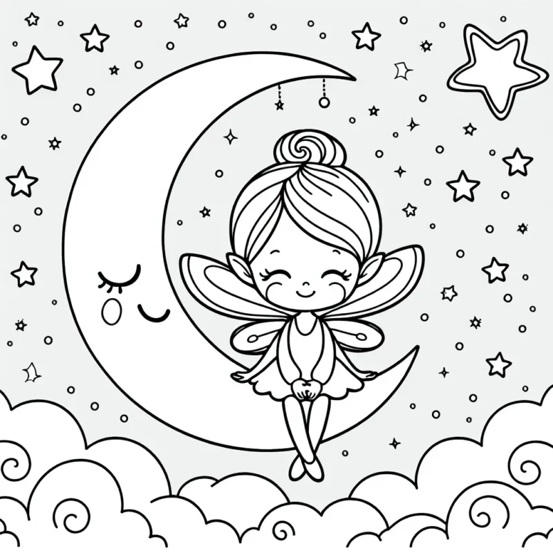 Une petite fée souriante perchée sur une lune en forme de croissant, entourée d'étoiles scintillantes et de nuages moelleux.