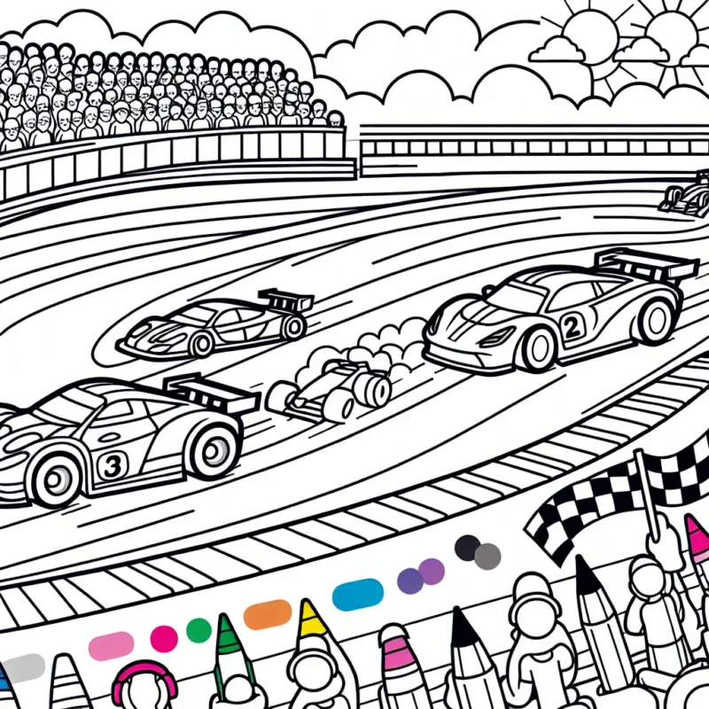 Un dessin se dessine sur une grande feuille de papier, montrant une excitante course de voitures sur un circuit sinueux. Trois voitures de courses de couleurs différentes sont en pleine compétition et sont positionnées de telle manière que les enfants peuvent choisir les couleurs pour chaque voiture. Il y a aussi des spectateurs dans les gradins et un ciel brillant avec le soleil à colorier.