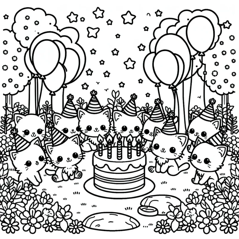 Un groupe de chatons mignons ayant une fête d'anniversaire dans un jardin enchanteur.
