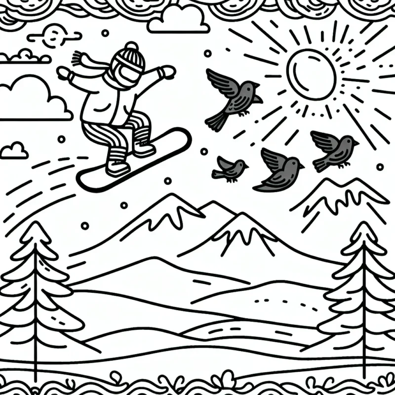 Dessine un snowboardeur en plein saut au-dessus d'une montagne, avec des oiseaux volant à proximité et un soleil couchant en arrière-plan.