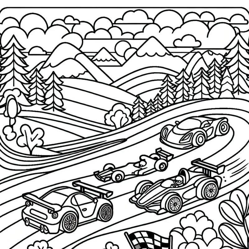 Dessine une course de voitures colorées sur un circuit avec un beau paysage en arrière-plan