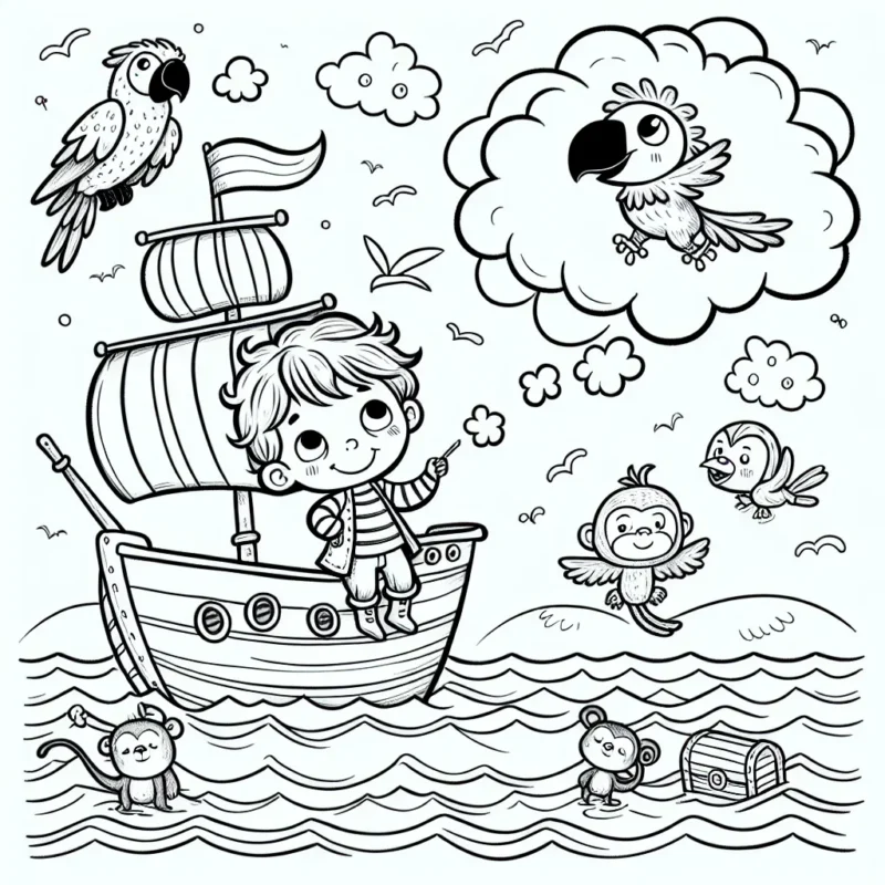 Un petit garçon rêveur sur un bateau pirate, voguant sur l'océan à la recherche d'une île aux trésors perdue, avec ses amis animaux - un singe espiègle, un perroquet parlant, et un courageux chien.