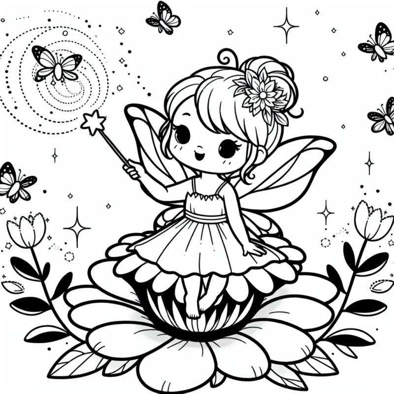 Une petite fée aux ailes de papillon est assise sur une fleur en train d'agiter sa baguette magique, entourée de lucioles étincelantes.