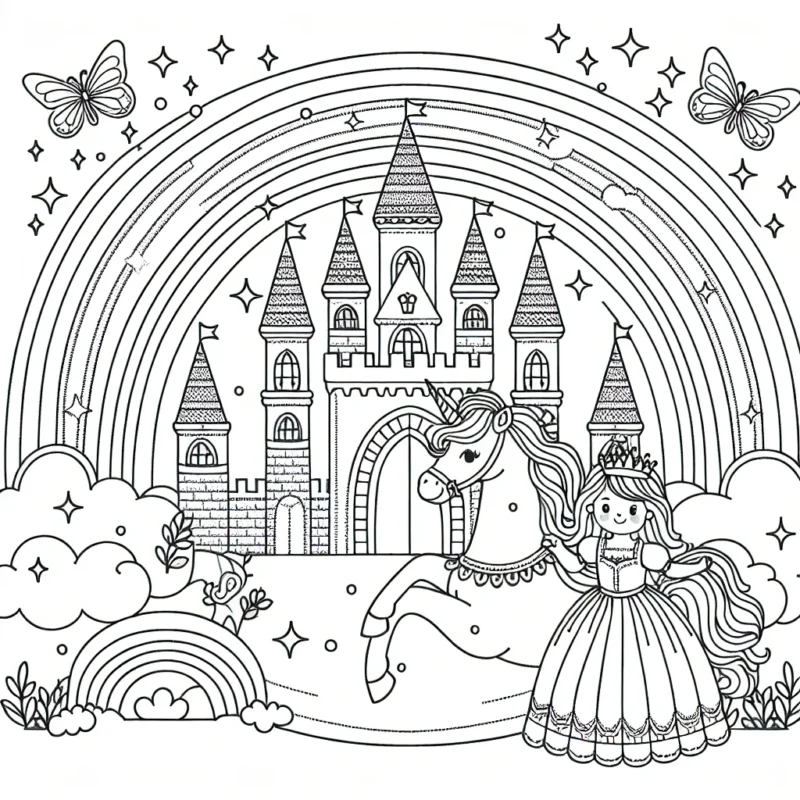 Un château magique dans un monde féerique, avec une princesse chevauchant son licorne brillante sous un arc-en-ciel.