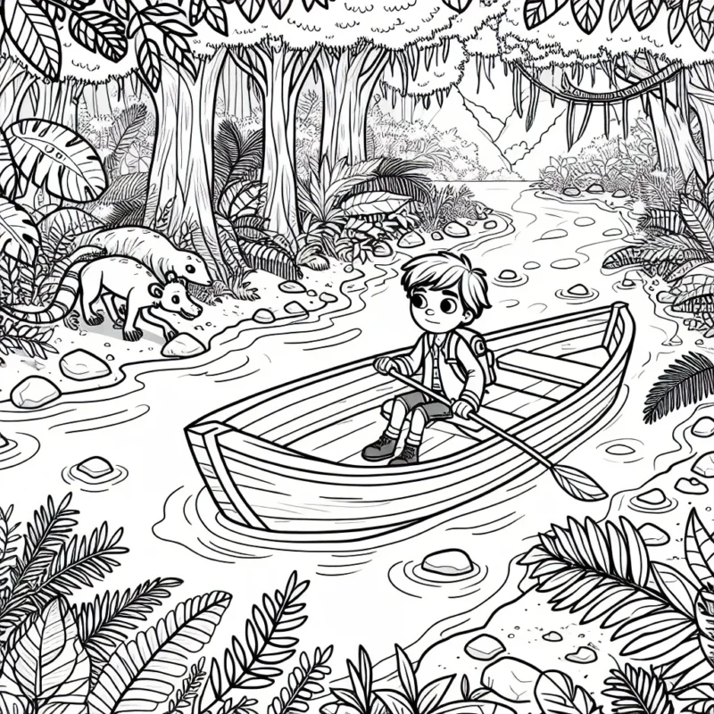 Un jeune explorateur courageux navigue seul sur une rivière en pleine jungle, entouré par une variété de plantes tropicales exotiques et de divers animaux curieux.