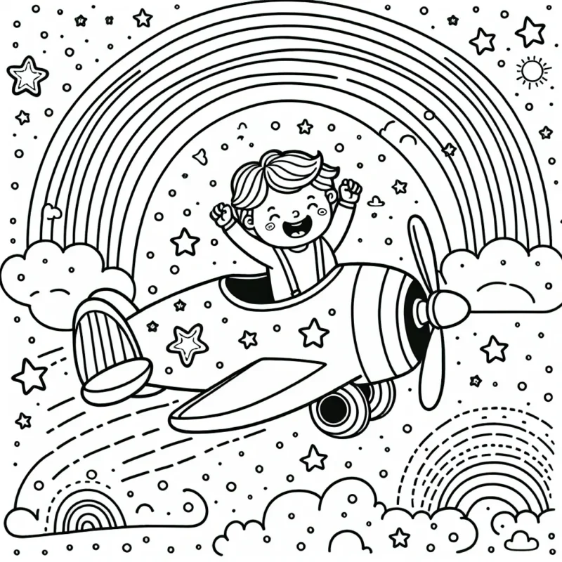 Un petit garçon vole joyeusement dans les airs à bord d’un avion miniature. L'avion est coloré et orné de motifs étoilés. Autour de l’avion, il y a de nombreux nuages et un sublime arc-en-ciel.