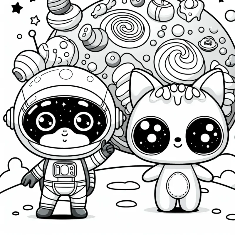 Un petit héros de l'espace et son animal de compagnie cosmique sur une planète en bonbons