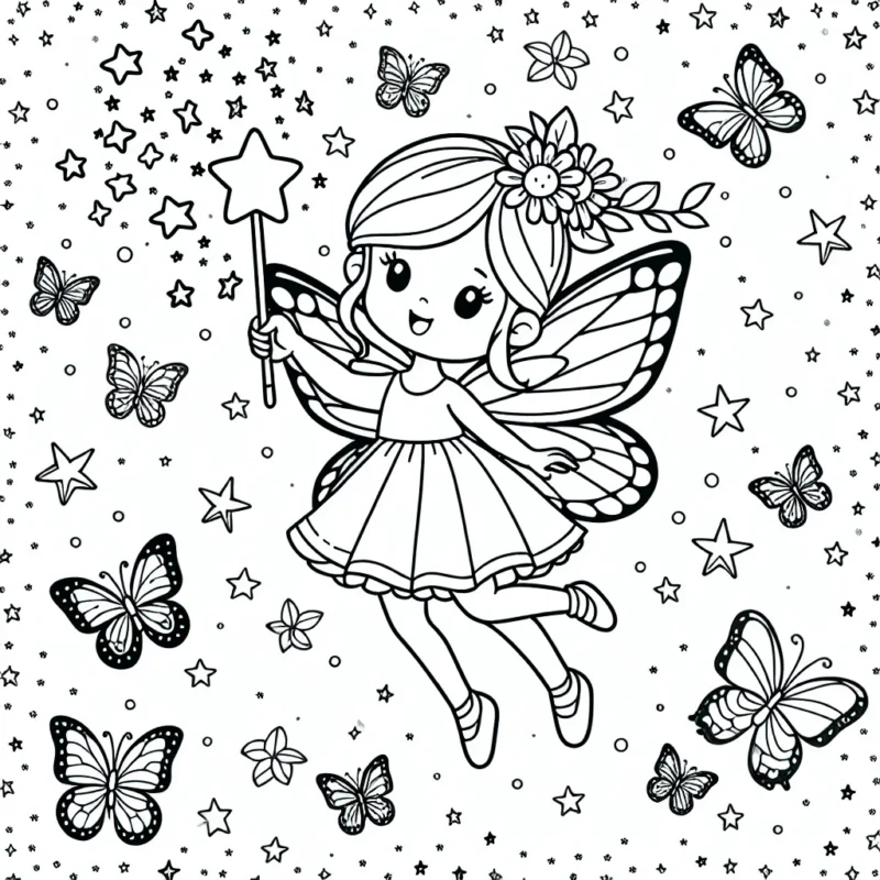 Imagine une petite fée voler dans le ciel ensemencé d'étoiles avec des papillons multicolores autour d'elle. Elle utilise sa baguette magique pour répandre la joie et l'amour dans le monde.