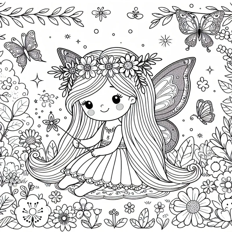 Imagine un scénario enchanteressant avec une petite fée qui vit dans un jardin enchanté. Elle est entourée de fleurs multicolores, de papillons et d'animaux de la forêt. La fée a de longs cheveux dorés et des ailes délicates qui scintillent. Elle tient une baguette magique.