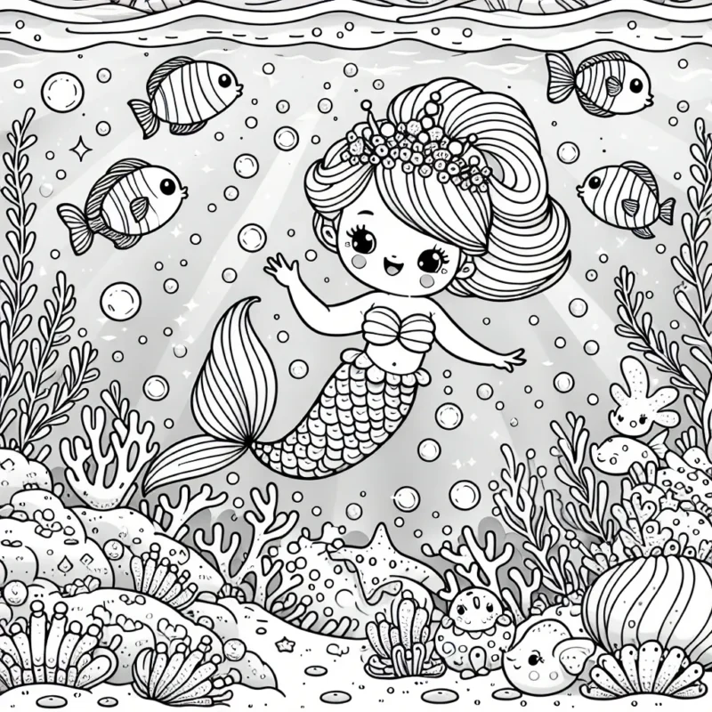 Une petite sirène nage joyeusement avec ses amis les poissons colorés, au milieu des coraux étincelants et des algues dansantes. Son château de coquille nacré, se trouve en arrière-plan, éclairé par la douce lumière filtrée par l'eau de mer.