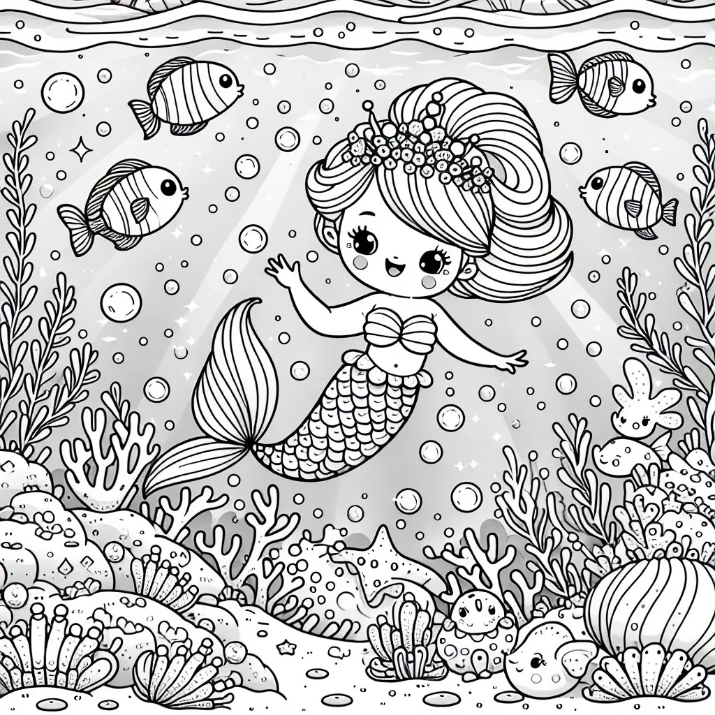 Une petite sirène nage joyeusement avec ses amis les poissons colorés, au milieu des coraux étincelants et des algues dansantes. Son château de coquille nacré, se trouve en arrière-plan, éclairé par la douce lumière filtrée par l'eau de mer.