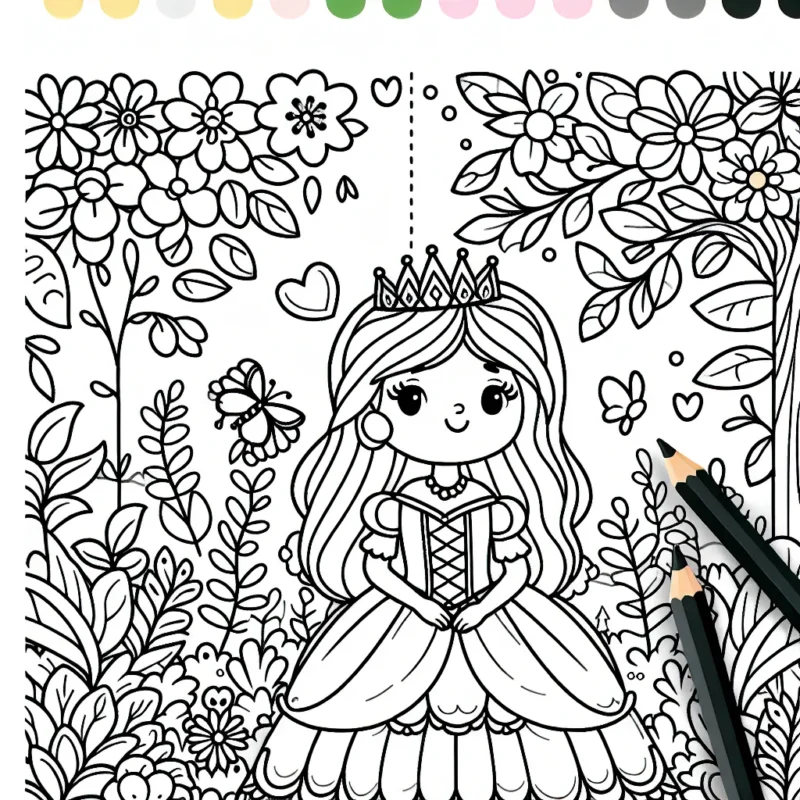 Une princesse dans un jardin féerique à colorier
