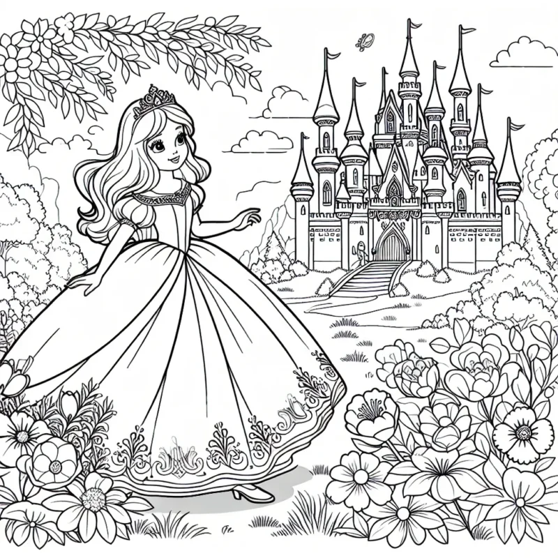 Dessine une princesse qui traverse un magnifique jardin de fleurs pour rejoindre son majestueux château de paillettes.