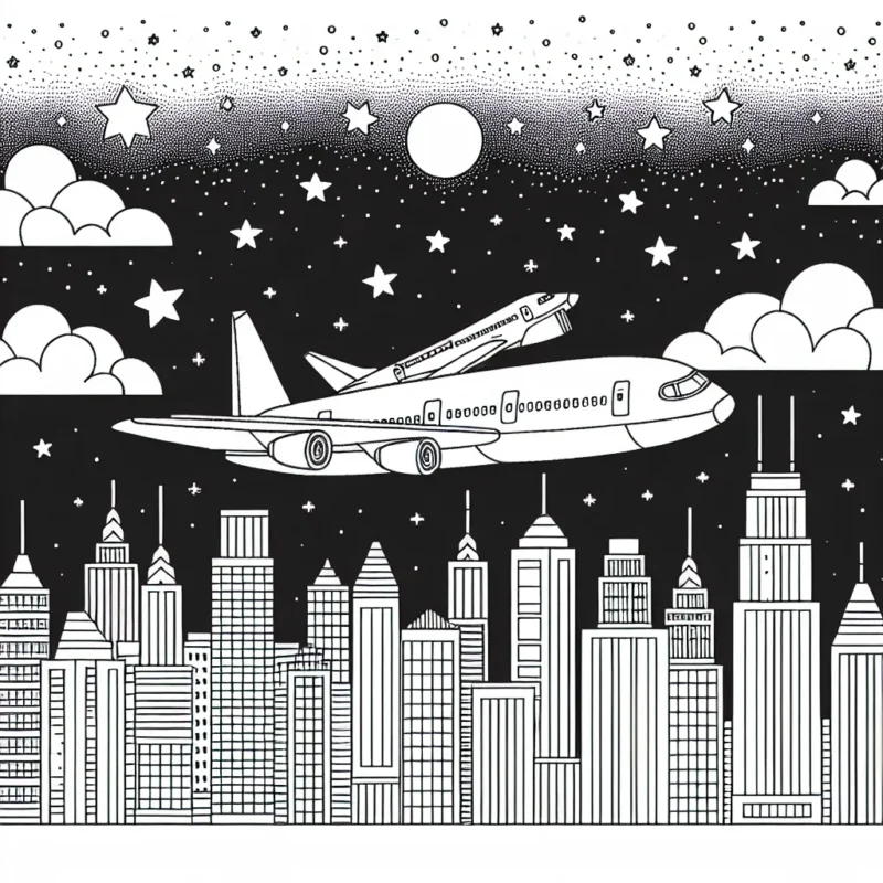 Imagine qu'il y a un avion survolant une ville magnifique avec de nombreux détails sur les gratte-ciels, le ciel étoilé, les lumières de la ville et le grand avion volant au-dessus !