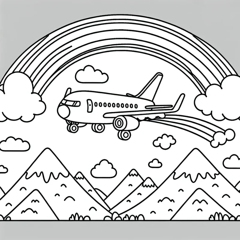 Dessine un avion de ligne en plein vol avec un arc-en-ciel derrière lui, tout en n'oubliant pas d'intégrer des montagnes à l'horizon et des nuages dans le ciel.