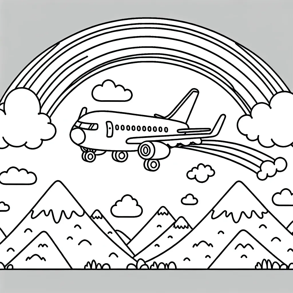 Dessine un avion de ligne en plein vol avec un arc-en-ciel derrière lui, tout en n'oubliant pas d'intégrer des montagnes à l'horizon et des nuages dans le ciel.