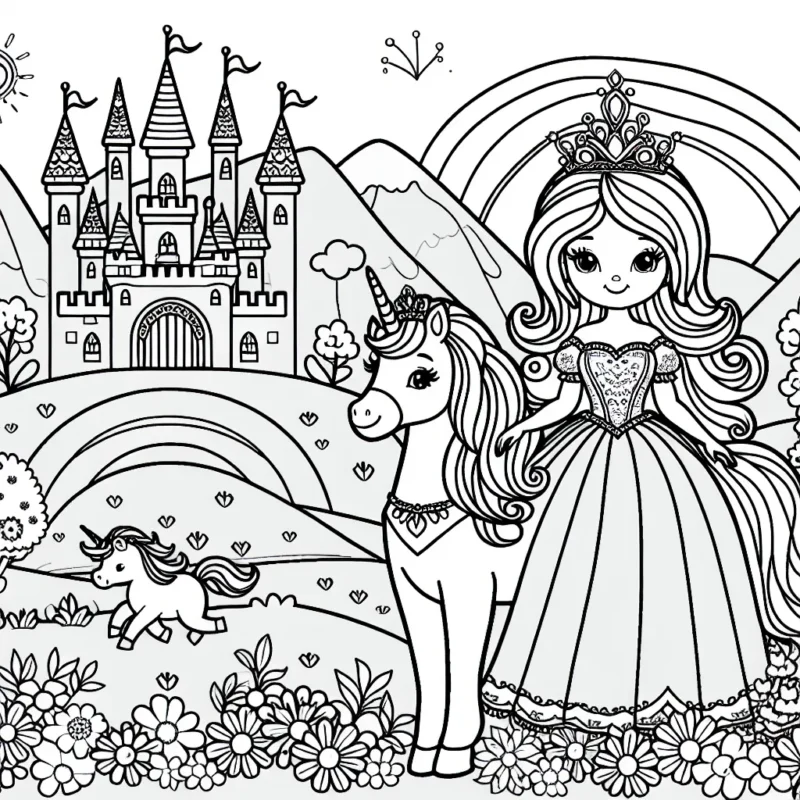 Dans un royaume lointain se trouve une jolie princesse au grand cœur. Elle a un majestueux château, un beau cheval licorne et un jardin plein de fleurs multicolores. Elle porte un diadème éblouissant et une robe éclatante.