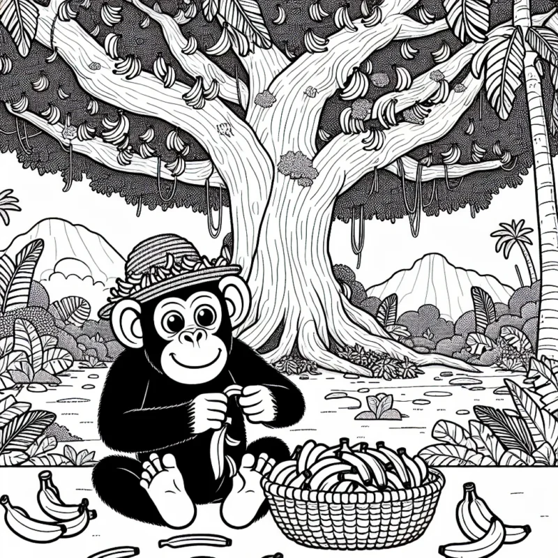 Un chimpanzé façonne un chapeau en bananes sous un arbre gigantesque dans une jungle vibrante.