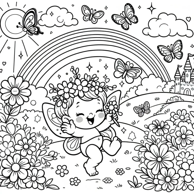 Une petite fée virevolte joyeusement dans une clairière ensoleillée, entourée de fleurs aux couleurs éclatantes. Autour d'elle, des papillons flottent librement et un arc-en-ciel éblouissant traverse le ciel. En arrière-plan, un château enchanté se profile à l'horizon.