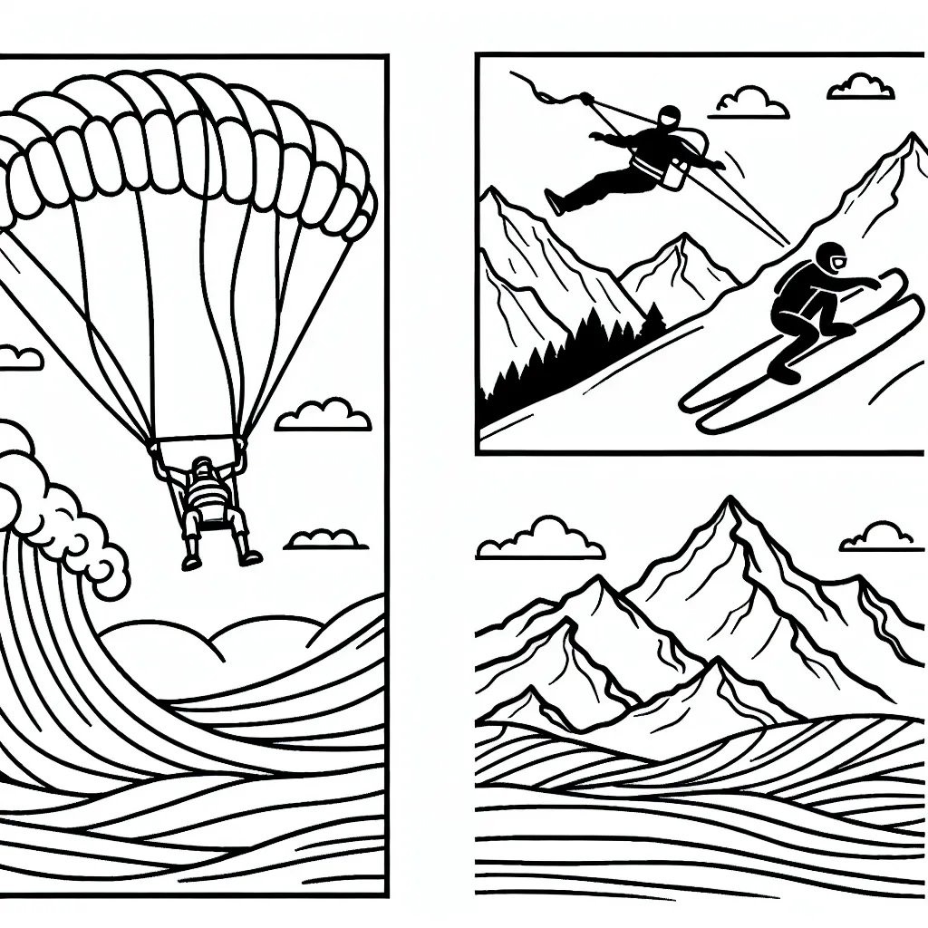 Dessine un parachutiste survolant les montagnes, un surfeur chevauchant une vague géante et un skieur dévalant une pente raide.