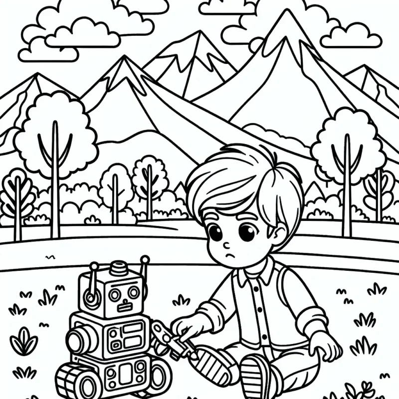 Un jeune garçon joue avec son robot dans le parc, la vue est surplombée par des montagnes en arrière-plan.