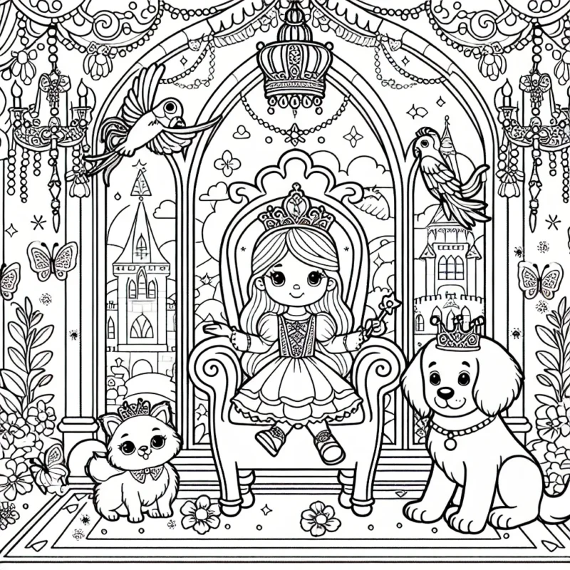 Imagine une jeune princesse assise sur son trône royal dans son majestueux château, entourée par ses fidèles animaux de compagnie : un chat aux yeux brillants, un chiot doré et un majestueux perroquet. Ils sont tous dans la grande salle, et à l'arrière-plan, on peut voir des tapisseries colorées, des chandeliers scintillants et des guirlandes de fleurs. Dessine aussi des papillons tourbillonnants dans l'air.
