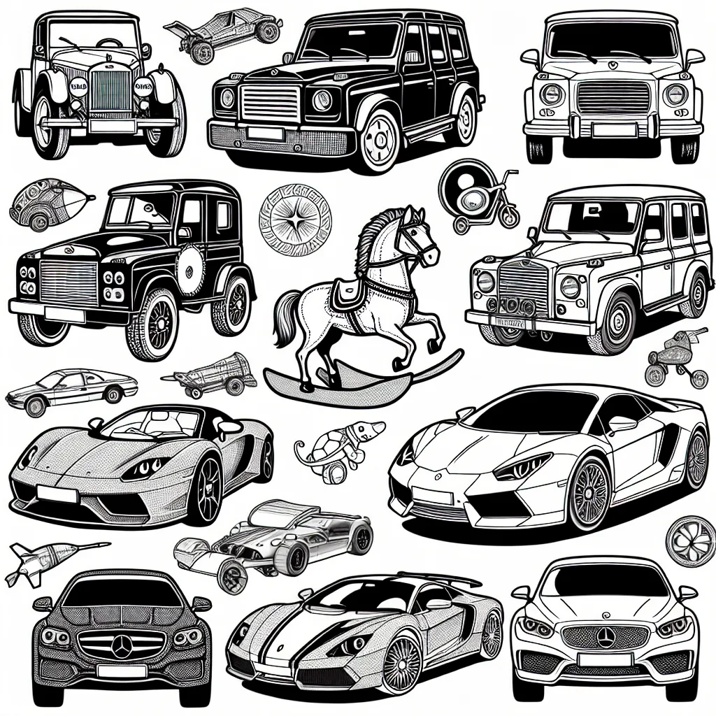 Dessine une collection de voitures par marque. Chaque voiture doit représenter fidèlement l'apparence et les détails caractéristiques de sa marque. Assure-toi d'inclure des marques célèbres telles que Ferrari, BMW, Mercedes, Audi et Lamborghini.