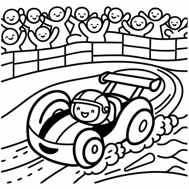 Dessine une voiture de course zoomant à travers une piste en zig-zag avec une foule joyeuse en arrière-plan