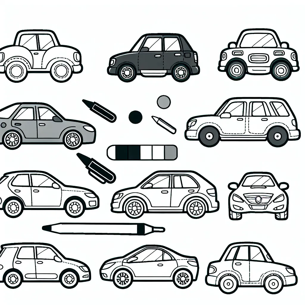 Dessine différents types de voitures par marque. On doit pouvoir y retrouver des modèles de Renault, Peugeot, Citroën, Ferrari et Ford. Chaque voiture doit être identifiable par son logo.