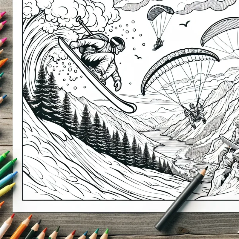 Sur cette page de coloriage, tu peux découvrir une scène intense d'un sport extrême. En haut de la montagne, un skieur professionnel s'apprête à descendre à toute vitesse. Sous un ciel clair, les arbres et la nature offrent un incroyable panorama. Des sportifs s'envolent en parapente, tandis qu'en bas du versant, des surfeurs affrontent des vagues gigantesques. Un grimpeur en pleine ascension est également représenté. Alors, à tes crayons !