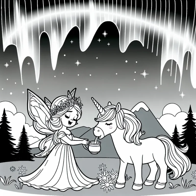 Une princesse féerique qui nourrit une licorne aux aurores boréales