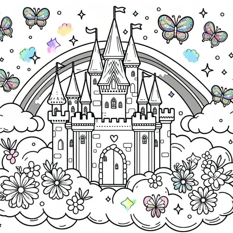 Un magnifique château féerique flottant sur un nuage, entouré de petits papillons scintillant et de fleurs multicolores que tu peux peindre selon tes couleurs préférées.