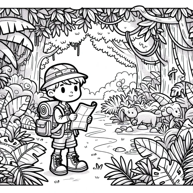 Un jeune explorateur avec son sac à dos et sa carte se prépare pour une grande aventure dans la jungle épaisse, remplie d'animaux sauvages et de plantes exotiques. Il y a même un trésor caché quelque part!