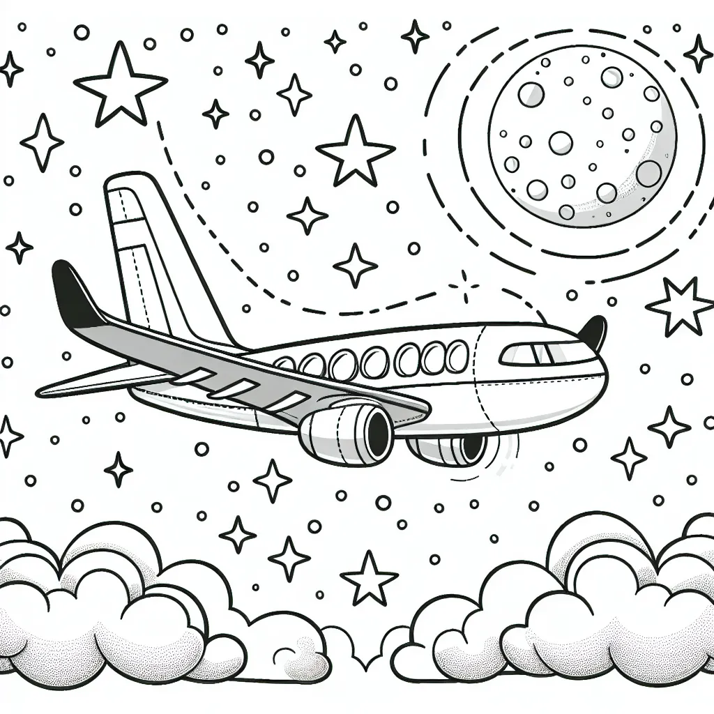 Dessine un avion volant dans le ciel étoilé, avec la lune qui brille et des nuages doux et moelleux. L'avion est grand et détaillé, avec des ailes larges, une cabine avec des fenêtres rondes et une queue pointue. Pense à ajouter des lumières sur les ailes.