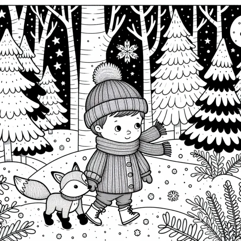 Un petit garçon courageux explore une mystérieuse forêt enneigée accompagné de son renard roux fidèle. Il porte un pull épais, des bottes et une écharpe. Autour d'eux, de grands sapins, des buissons couverts de neige, des empreintes d'animaux mystérieux et de magnifiques flocons de neige tombent du ciel.