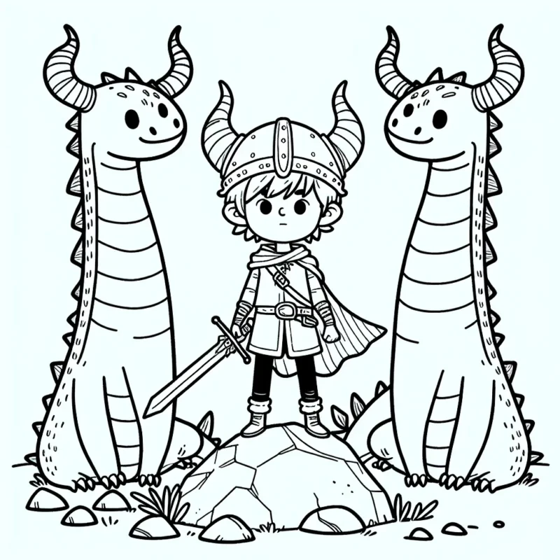 Un jeune garçon, coiffé d'un casque à cornes, se tient au sommet d'un rocher avec son épée, encadré par trois grands dragons affables de différentes formes et tailles.