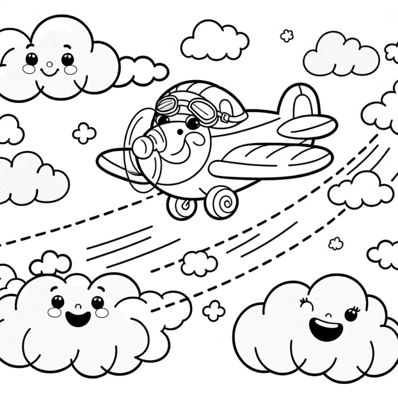 Cet illustrateur de couleur doit représenter un avion bondissant avec joie parmi les nuages doux et moelleux. L'avion doit être dessiné avec un visage souriant, coiffé d'une casquette de pilote. Les nuages devraient avoir différents visages exprimant des émotions différentes. Peignez un grand avion joyeux qui vole et fait des loopings au-dessus des nuages.