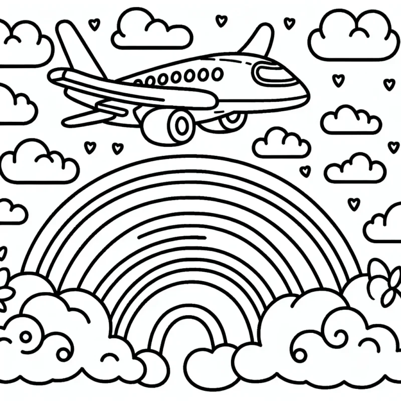 Un avion qui vole au-dessus des nuages avec un arc-en-ciel en arrière-plan